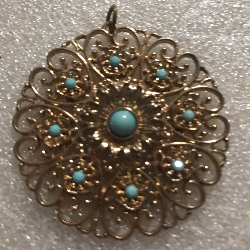 Gold Filigree Pendant Art Deco  with Turquoise Accent